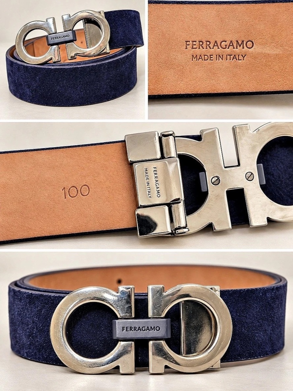 Ferragamo Double Gancini Suede Belt Navy Blue Size 100